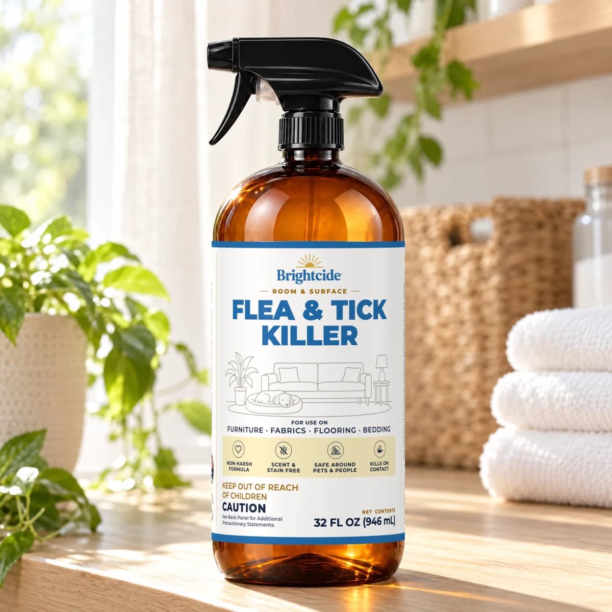 The Flea & Tick Killer bottle on a sunny wooden shelf beside folded towels and a houseplant