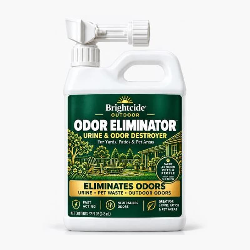 Concept render of the Brightcide Outdoor Urine & Odor Eliminator hose-end bottle