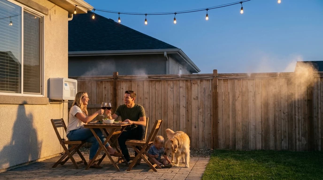A backyard dinner at dusk