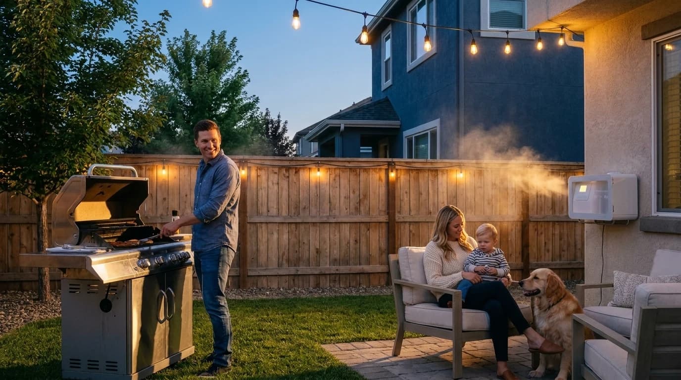 Grilling on the patio at dusk while the fence line is misted