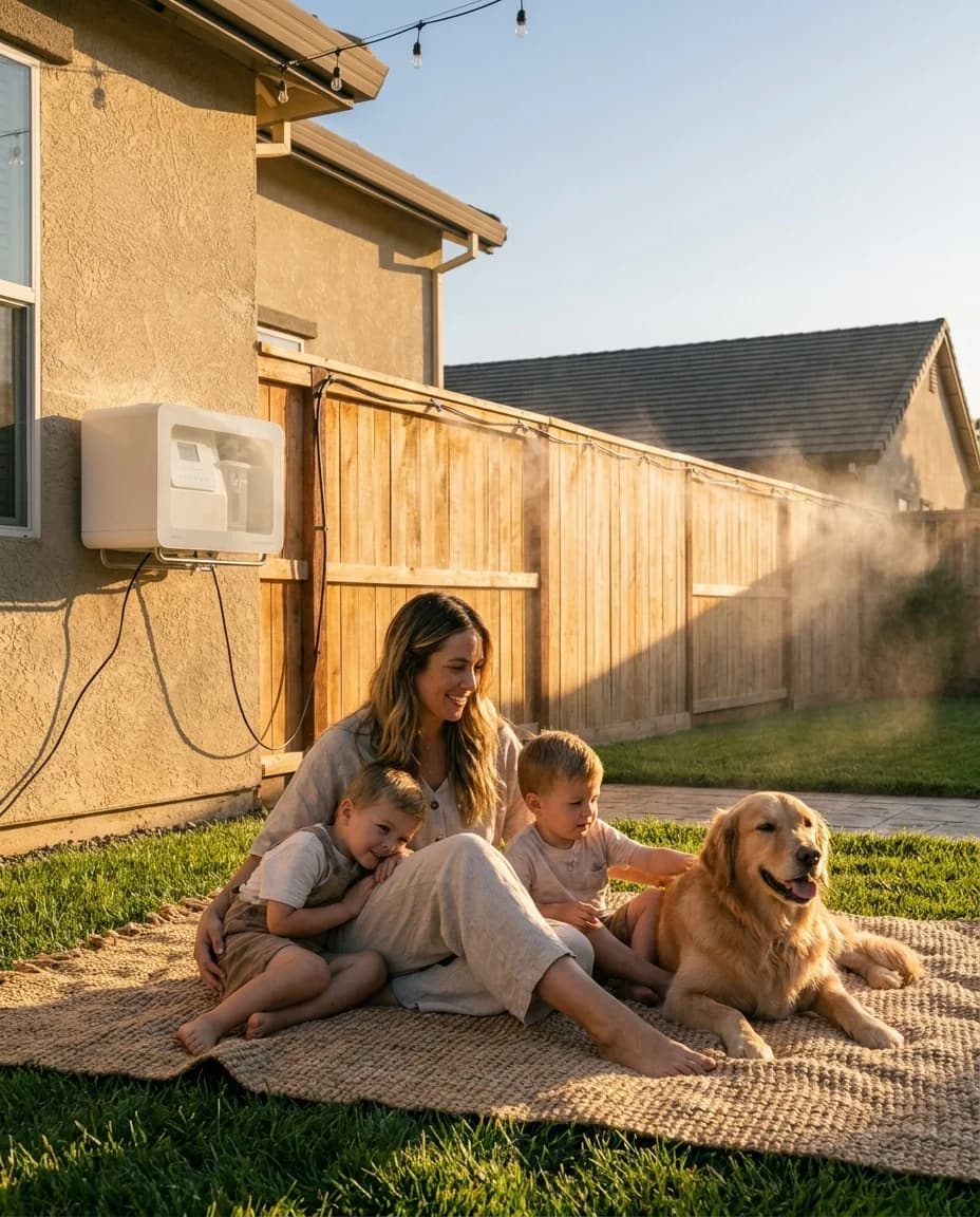A family and their dog on a blanket in the backyard at golden hour