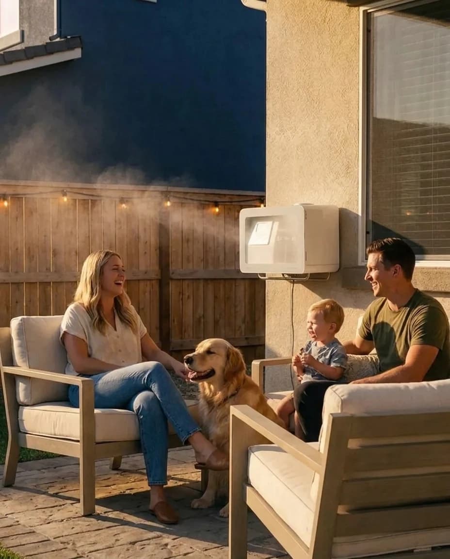 A family and their golden retriever on the patio at golden hour while the System mists the fence line