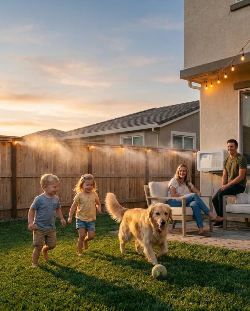 Kids and a golden retriever chasing a ball across the lawn at sunset while the System mists the fence