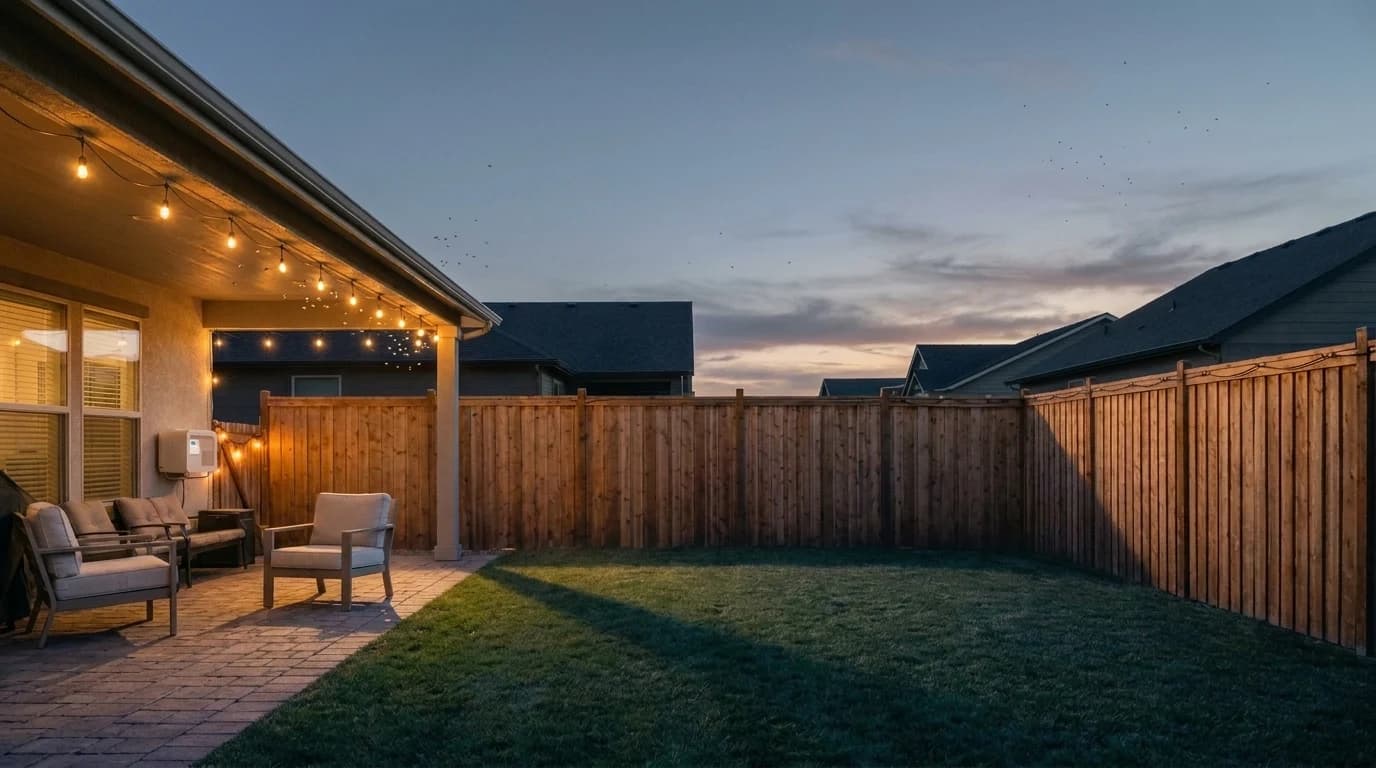 The same backyard at dusk without the mist: empty patio and clouds of insects swarming the string lights