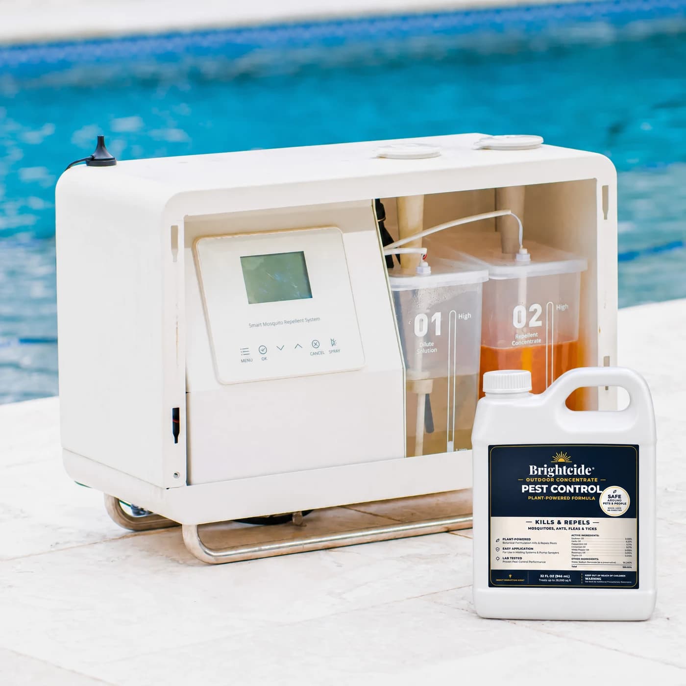 The 32 oz Concentrate beside the open Brightcide System