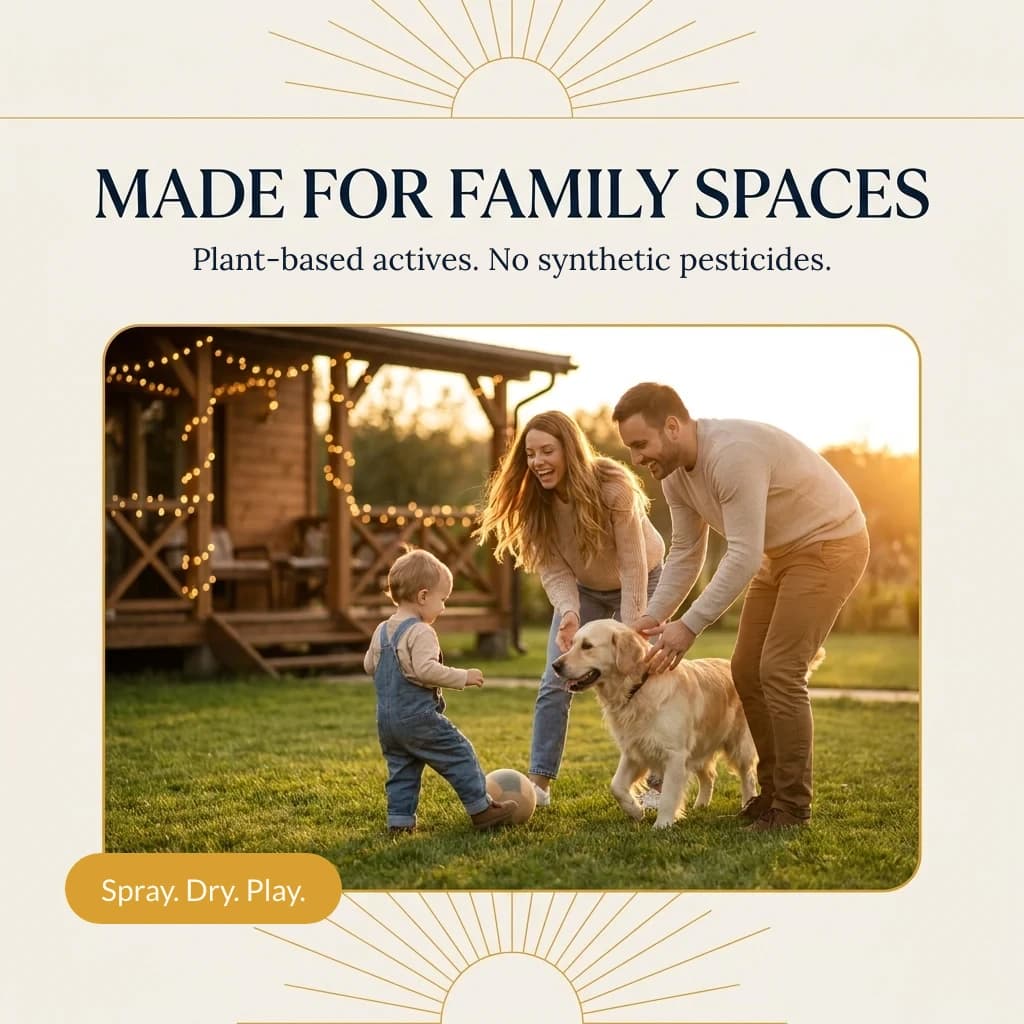 Made for family spaces: a family and their golden retriever playing on the lawn at golden hour