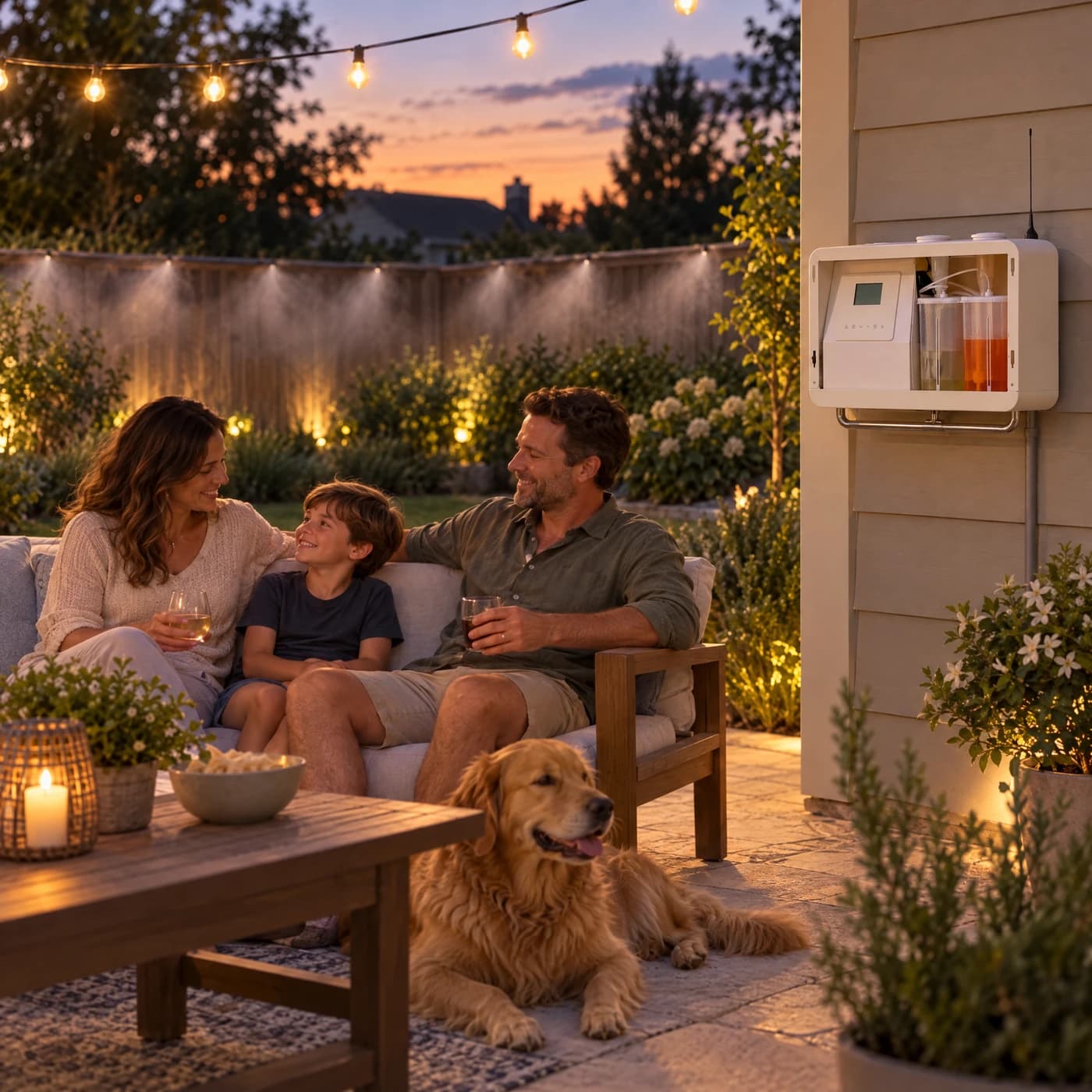 Family relaxing on the patio at dusk while the system mists the fence line