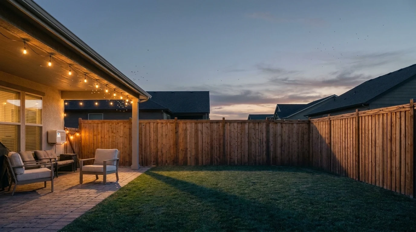 The same backyard at dusk without the mist: empty patio and clouds of insects swarming the string lights