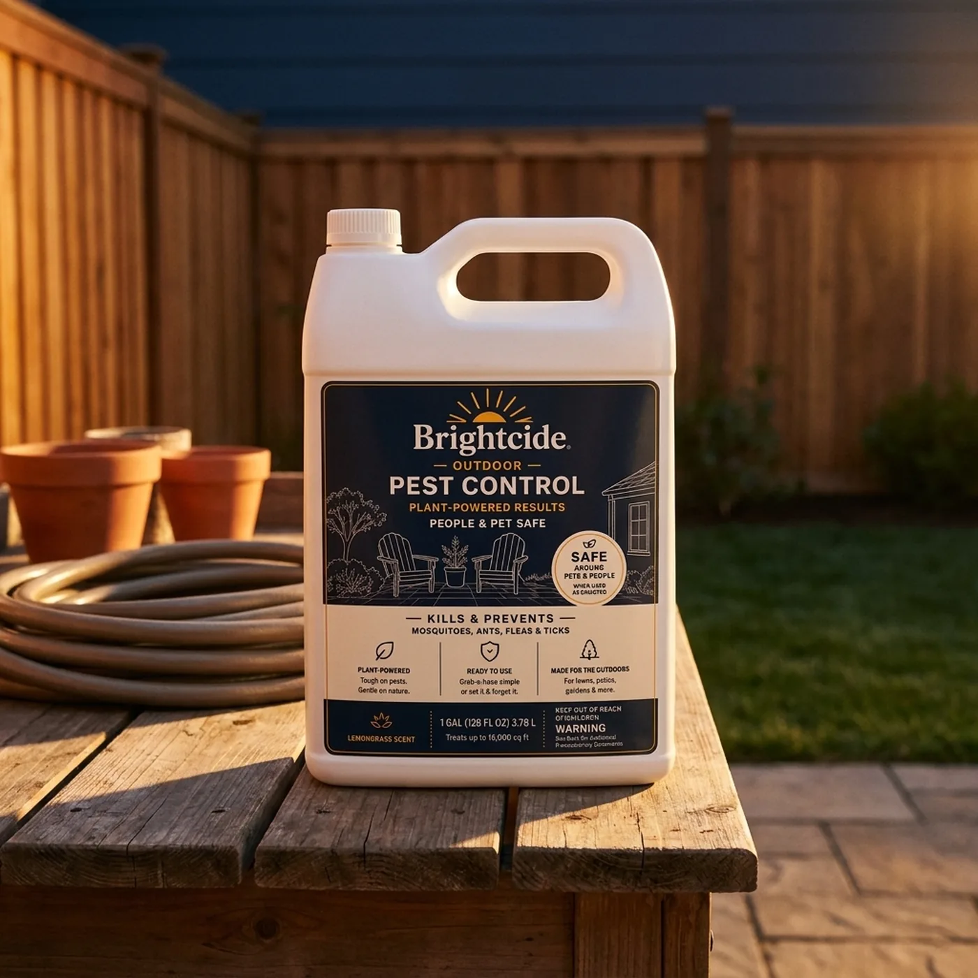 The 1-gallon Mosquito Defense refill jug on a potting bench