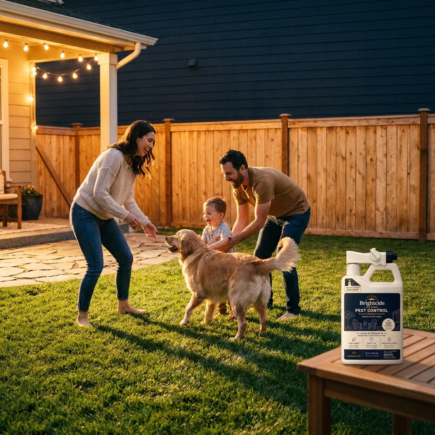 Family and dog playing on a lawn treated with the Brightcide RTU