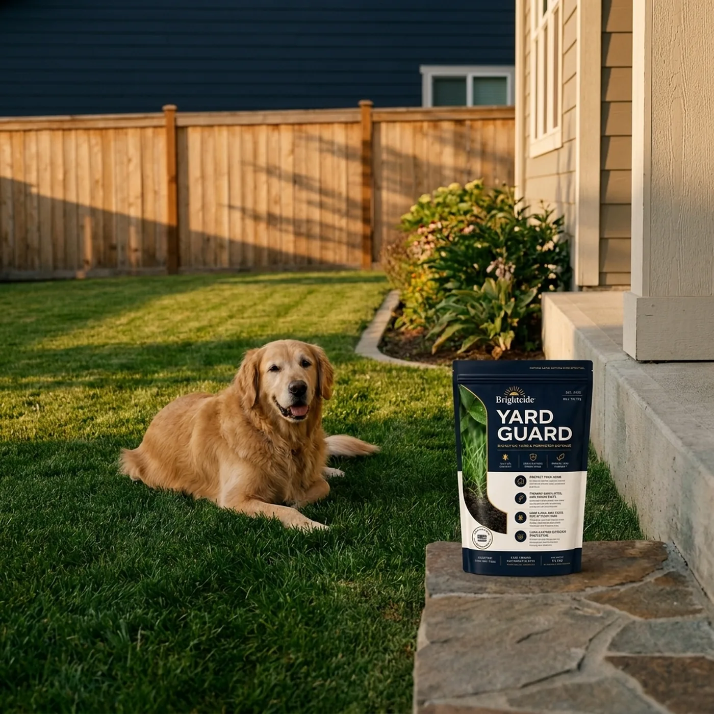 Golden retriever relaxing beside the banded foundation line