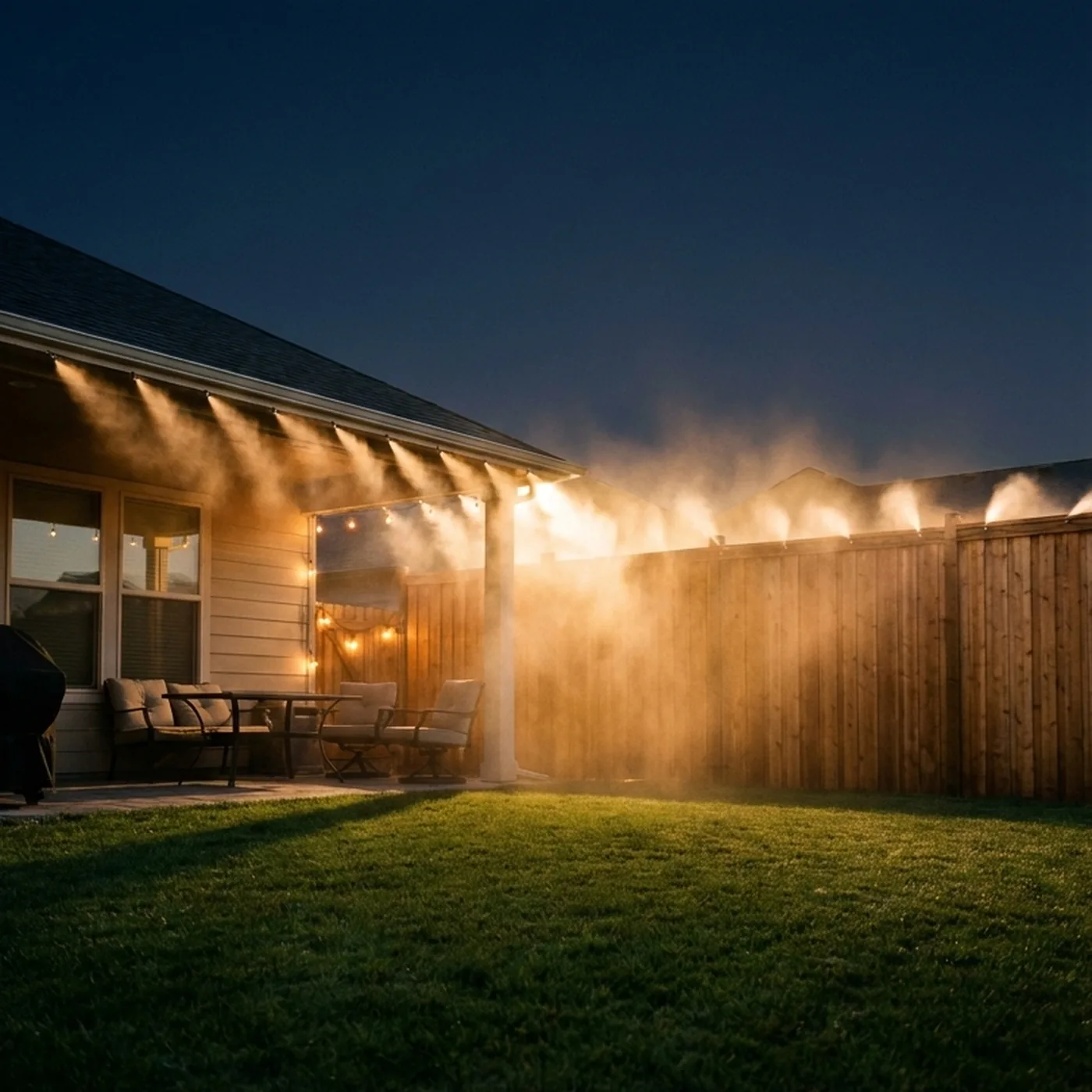 The Brightcide System misting the fence line at dusk