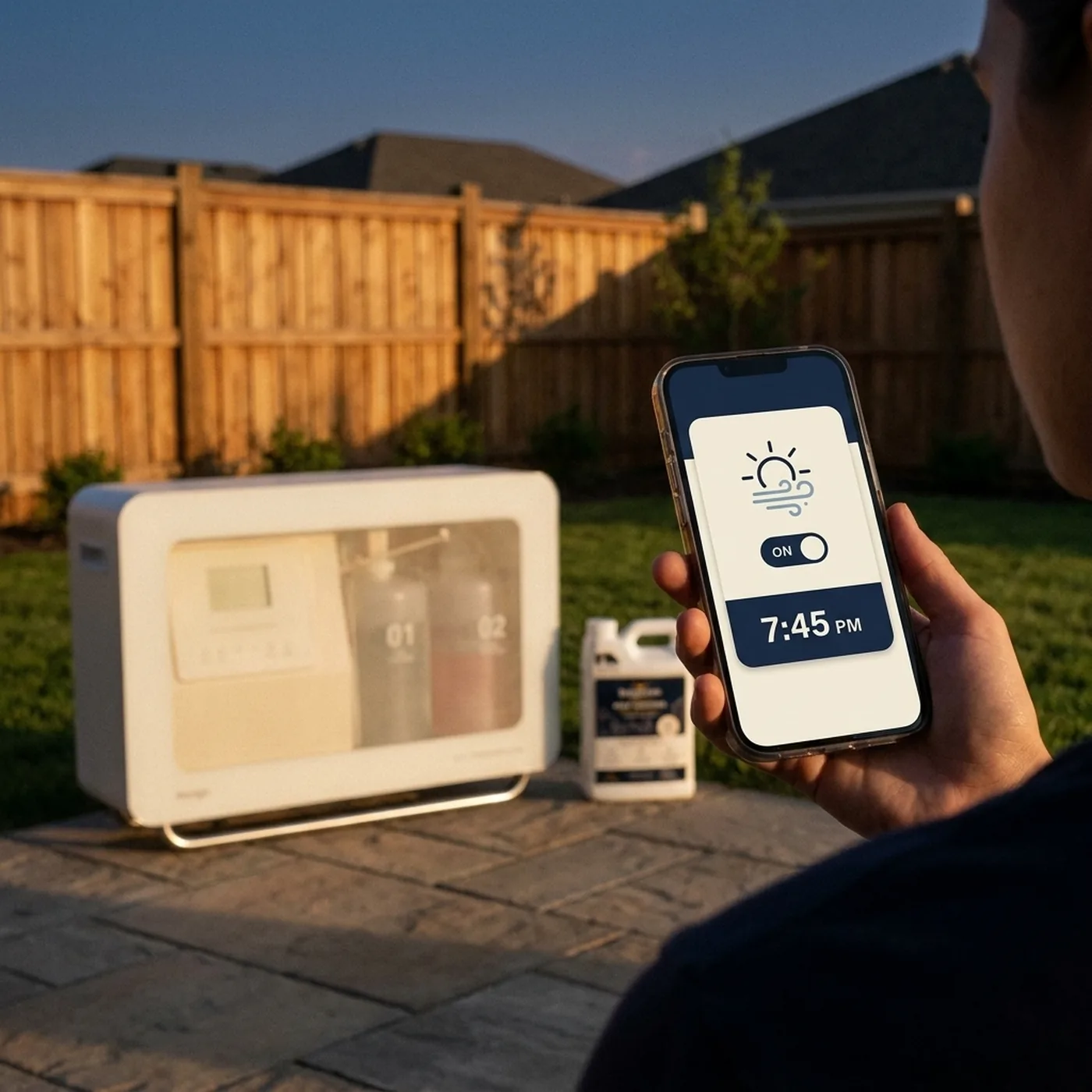 Adjusting the misting schedule from the Brightcide app on a phone in the backyard