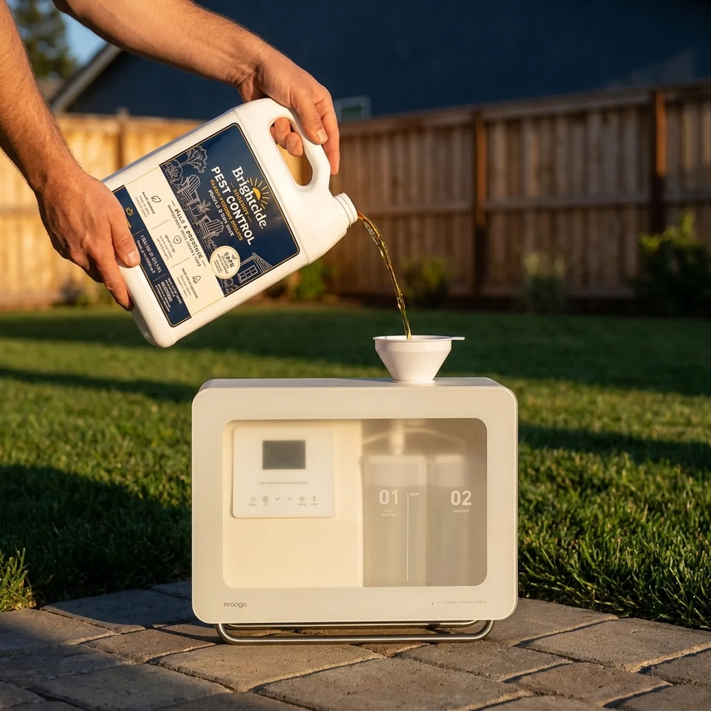 Pouring Brightcide Outdoor Concentrate into the misting system reservoir