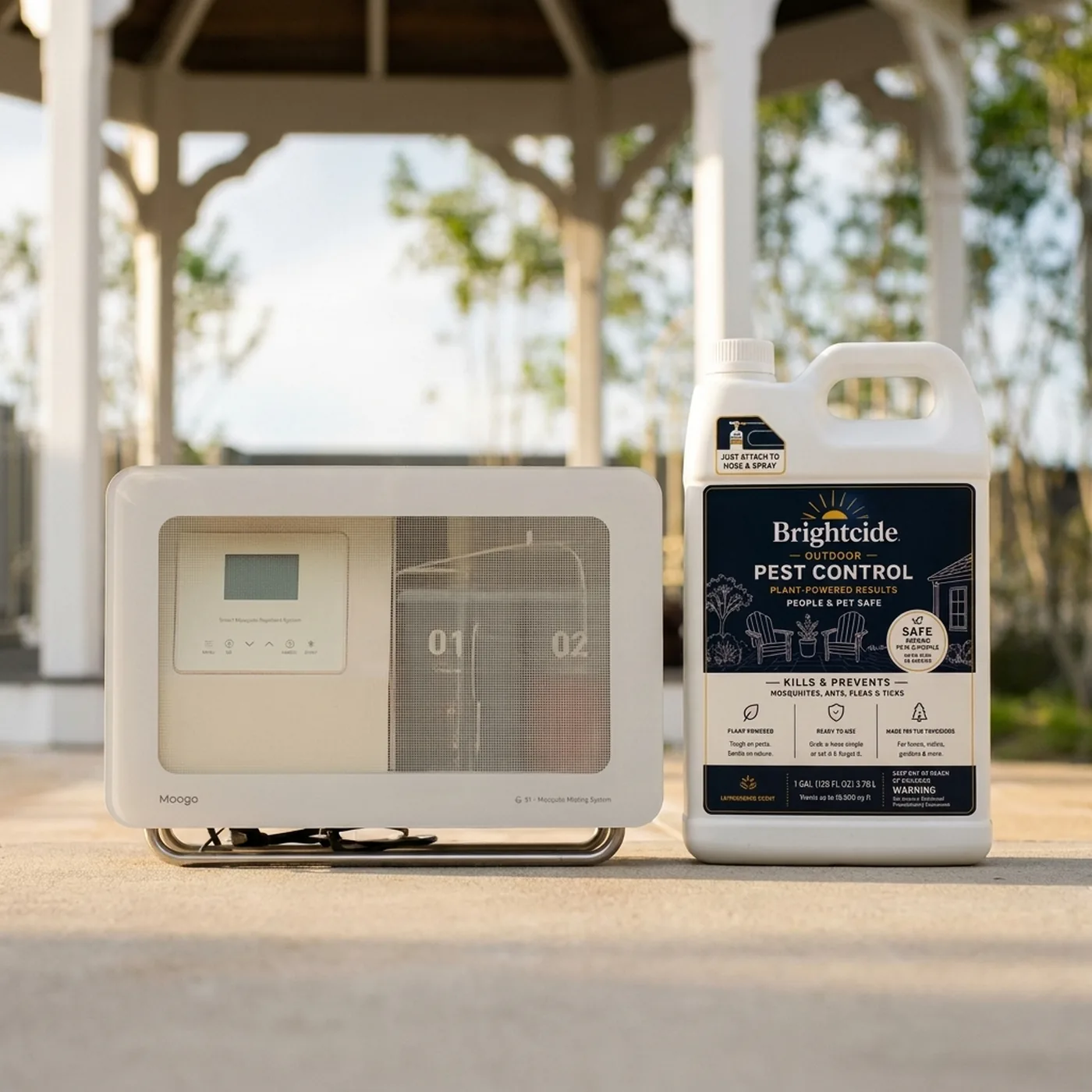 The Brightcide System smart misting unit on a patio at golden hour