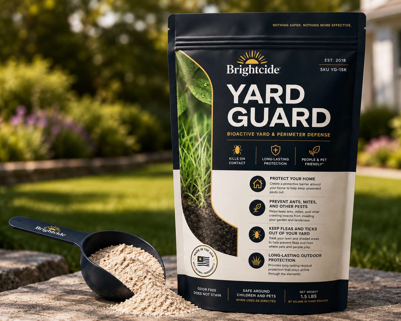 Yard Guard pouch and scoop of granules on a garden wall